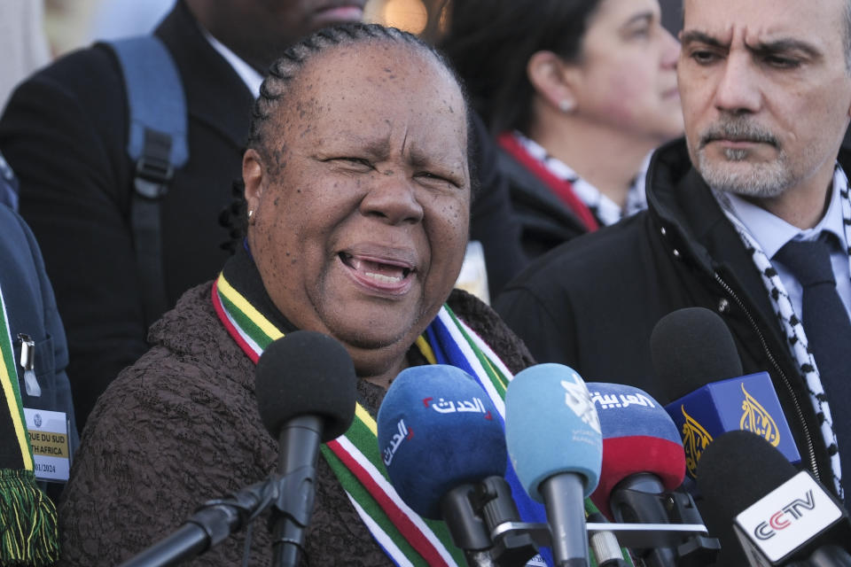 South Africa's Foreign Minister Naledi Pandor addresses reporters after session of the International Court of Justice, or World Court, in The Hague, Netherlands, Friday, Jan. 26, 2024. The United Nations' top court has stopped short of ordering a cease-fire in Gaza in a genocide case but demanded that Israel try to contain death and damage in its military offensive in the tiny coastal enclave. South Africa brought the case and had asked the court to order Israel to halt its operation. (AP Photo/Patrick Post)