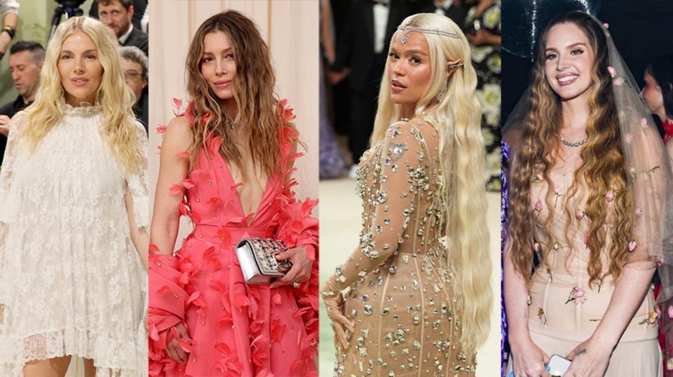 Sienna Miller, Jessica Biel, Karol G, and Lana Del Rey wear variations of the wavy hair trend at the 2024 Met Gala