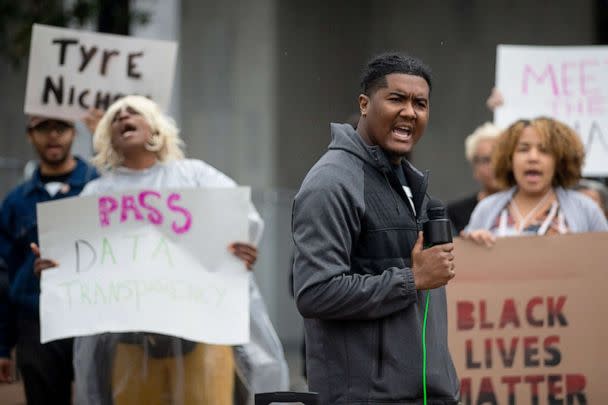 PHOTO: Ron Davis leads a chant during a rally to demand the city council votes to support six ordinances regarding public safety and police reform outside Memphis City Hall, March 2, 2023, in Memphis, Tenn. (The Commercial Appeal via USA Today, FILE)