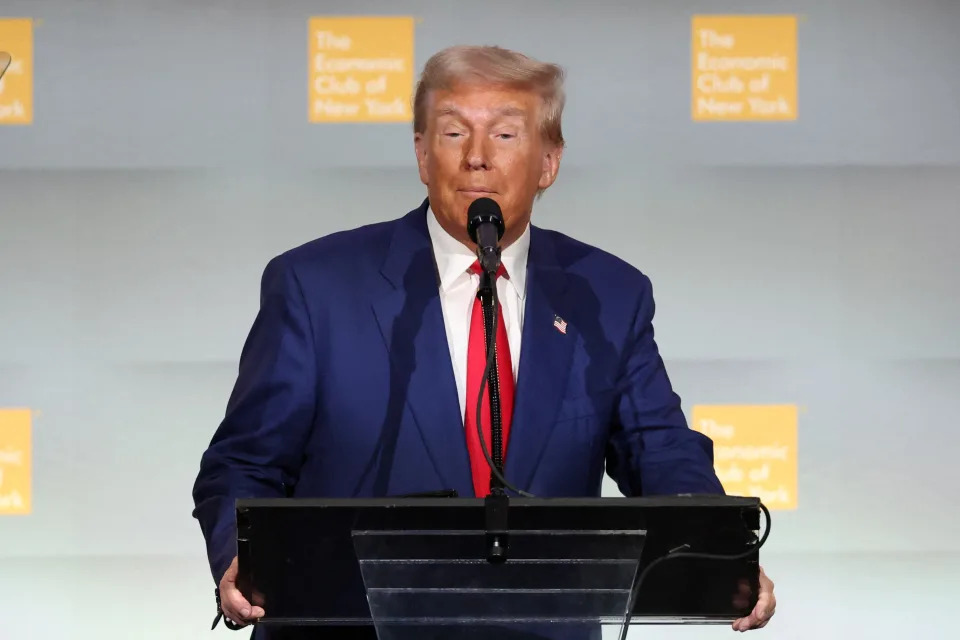 Republican presidential nominee and former U.S. President Donald Trump speaks at the Economic Club of New York in New York City, U.S. September 5, 2024.  REUTERS/Brendan McDermid