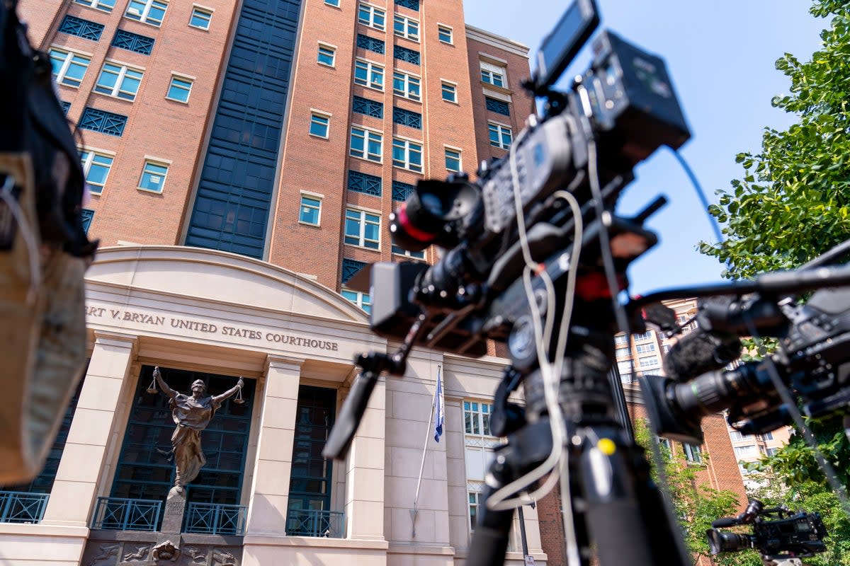 Cameras are set up outside the US District Courthouse before the sentencing of El Shafee Elsheikh (Andrew Harnik/AP) (AP)