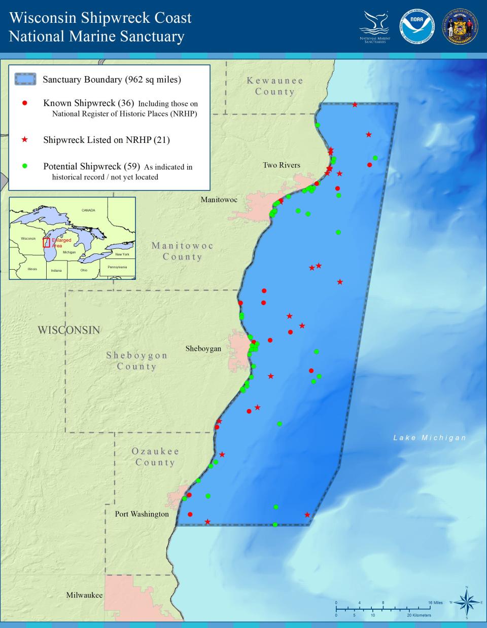 A map of the Wisconsin Shipwreck Coast National Marine Sanctuary.