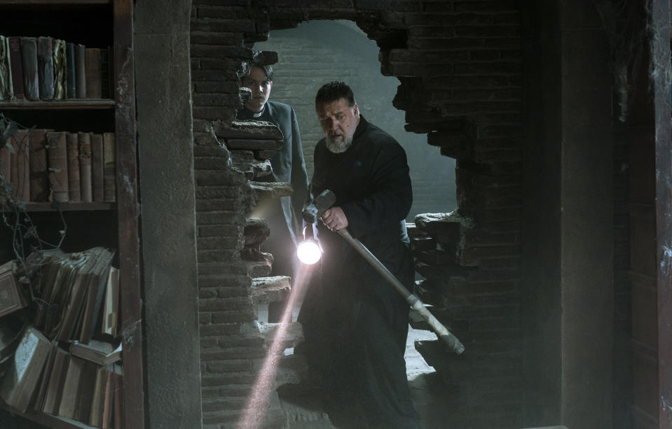 This image released by Sony Pictures shows Russell Crowe as Father Gabriele Amorth in a scene from Screen Gems' "The Pope's Exorcist." (Jonathan Hession/Sony Pictures via AP)