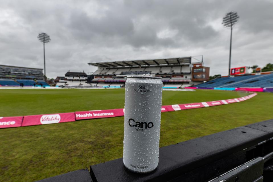 A open can of Cano water is covered in raindrops as rain continues to fall during the Vitality T20 International Series England vs Pakistan at Headingley Stadium, Leeds, United Kingdom, 22nd May 2024  (Photo by Mark Cosgrove/News Images)