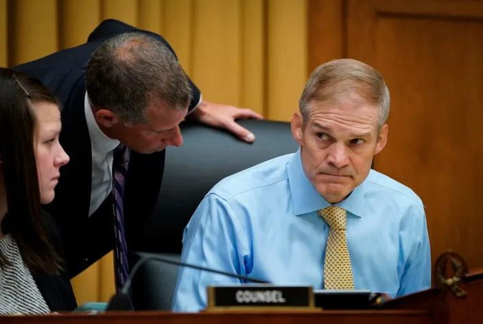 Congressman Jim Jordan (R-OH) prepares to gavel in the committee before Christopher Wray, Director of the FBI, testifies in front of the House Judiciary Committee in Washington on Wednesday, July 12, 2023