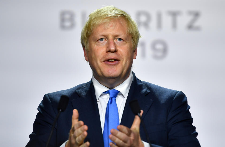 Britain's Prime Minister Boris Johnson speaks during a news conference at the end of the G7 summit in Biarritz, France, August 26, 2019. REUTERS/Dylan Martinez