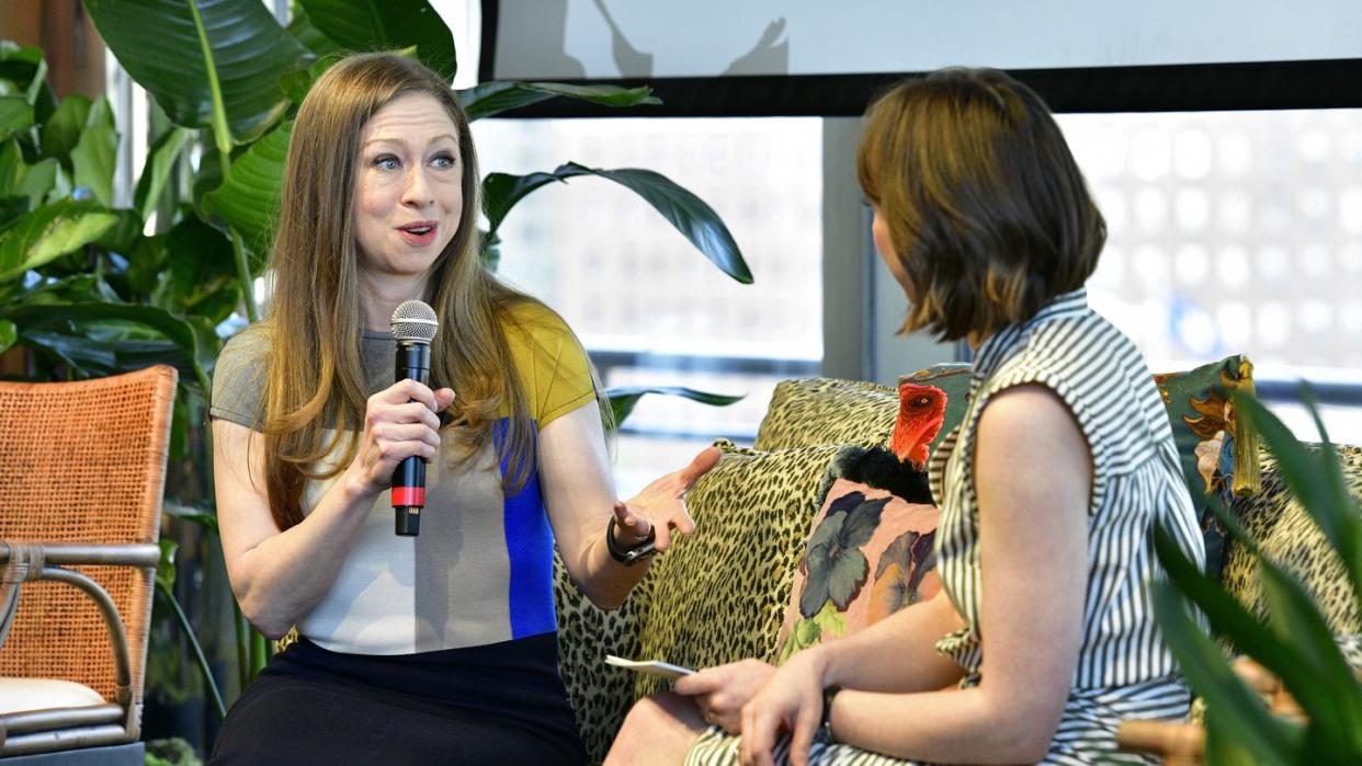 new york, new york april 25 l r chelsea clinton and jessica giles speak onstage at the 2024 hearst eco conscious living summit at the stanley h kaplan penthouse on april 25, 2024 in new york city photo by eugene gologurskygetty images for hearst