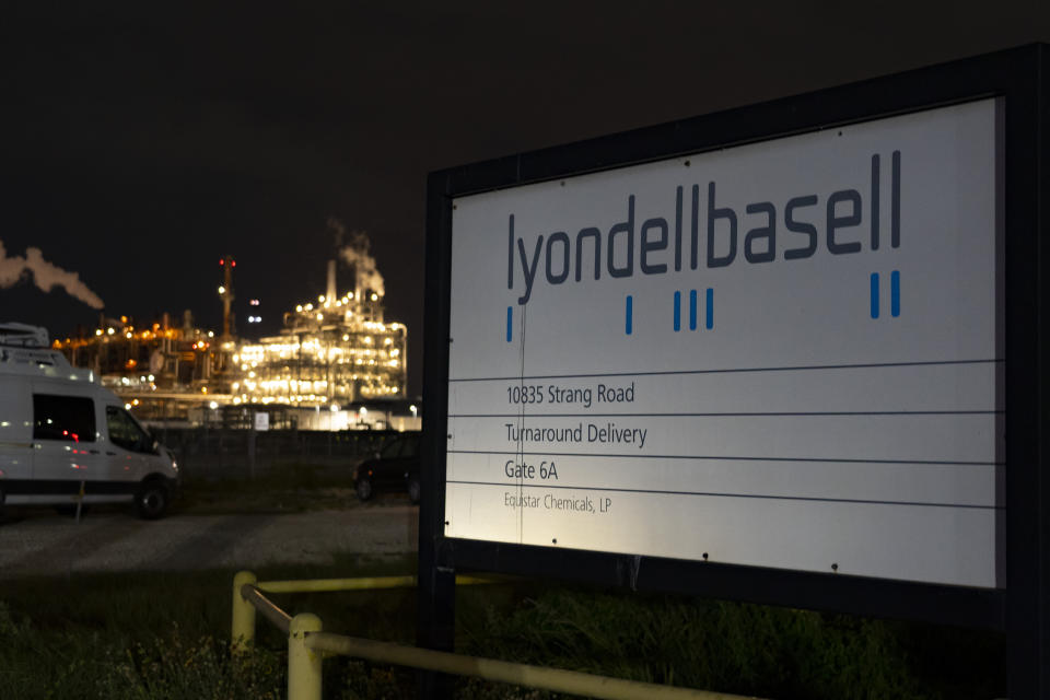 This Tuesday, July 27, 2021 photo shows the entrance of the LyondellBasell facility in La Porte, Texas. An explosion Tuesday evening killed two people at the facility and left several others injured. (Mark Mulligan/Houston Chronicle via AP)
