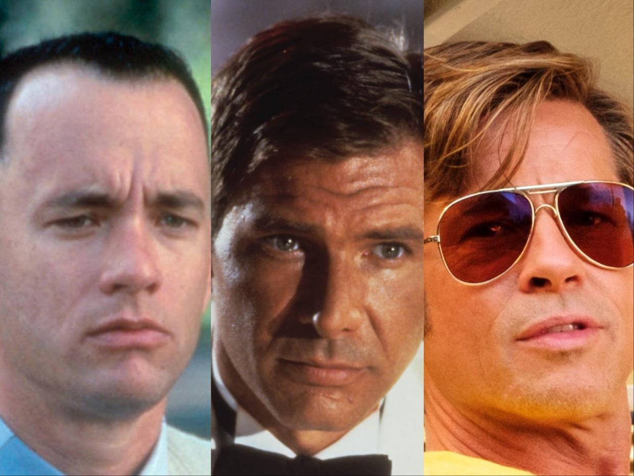 Tom Hanks in ‘Forrest Gump’, Harrison Ford in ‘Temple of Doom’ and Brad Pitt in ‘Once Upon a Time in Hollywood' (Paramount/Lucasfilm/Sony)