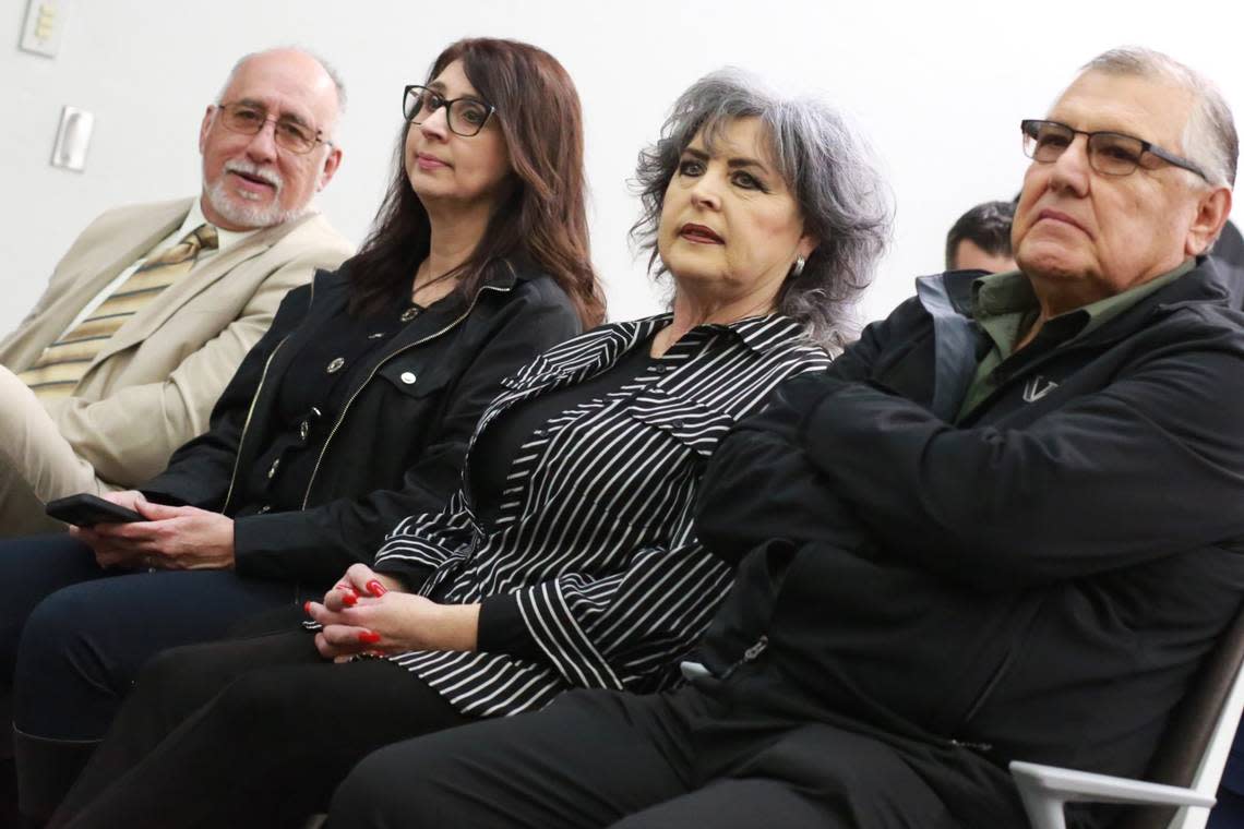 From left to right: Pastor Angel Menchaca, Eddie Valero’s family, aunt Petrita Staut, mother Blanca Valero and father Miguel Valero at the Tulare County Board of Supervisors chamber Tuesday morning.