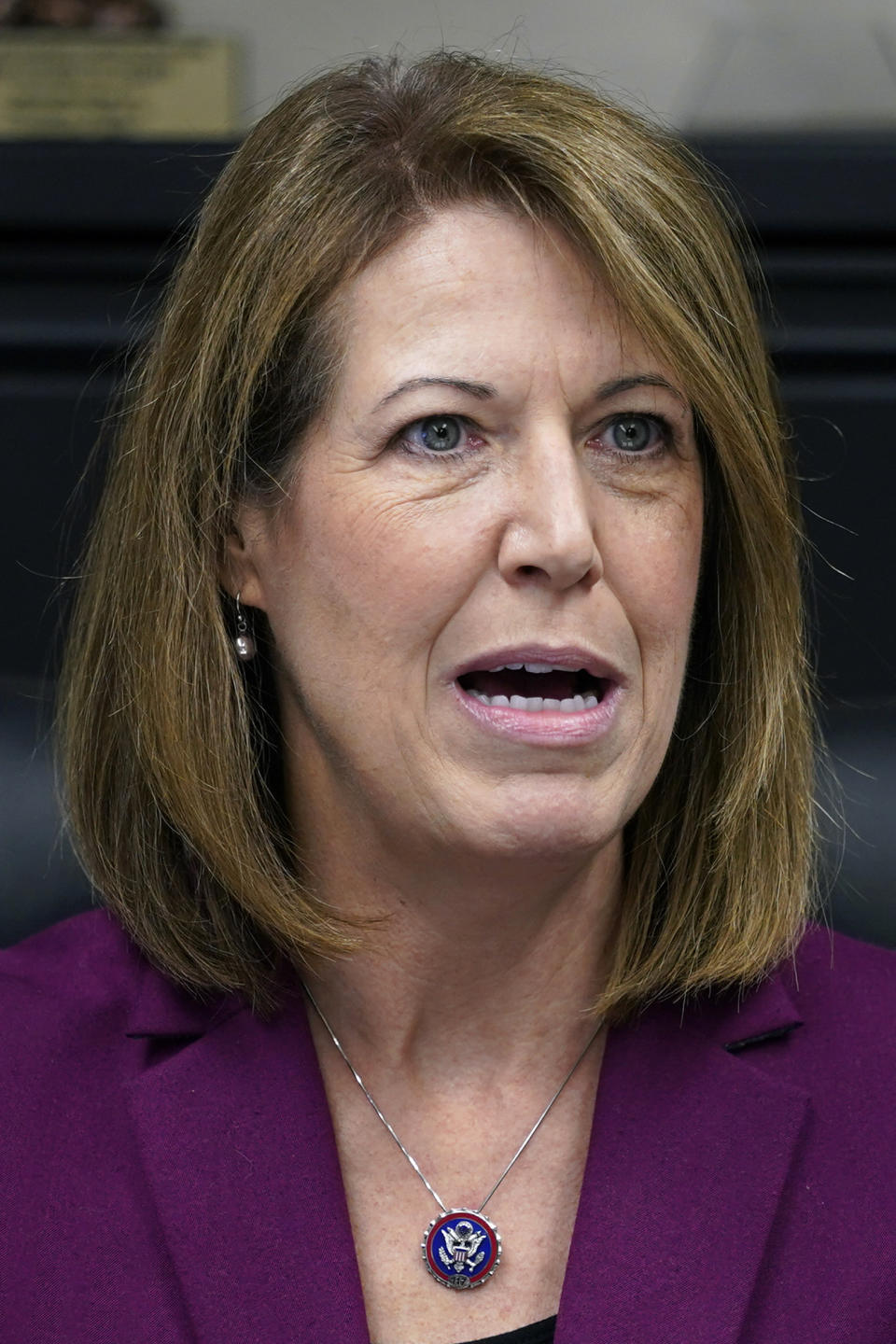 FILE - Rep. Cindy Axne, D-Iowa, speaks during a roundtable discussion at the Elite Octane ethanol plant Nov. 9, 2021, in Atlantic, Iowa. (AP Photo/Charlie Neibergall, File)