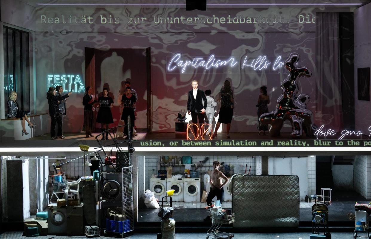 <span>Hubert Zapiór (Count), top centre, and company in Kirill Serebrennikov’s upstairs-downstairs production of Le nozze di Figaro for the Komische Oper, Berlin.</span><span>Photograph: Monika Rittershaus</span>
