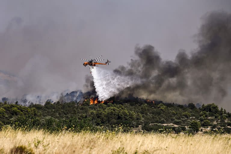 Un helicóptero Sikorsky S-64F Skycrane rocía agua durante un incendio en Dervenochoria, al noroeste de Atenas, el 19 de julio de 2023. 