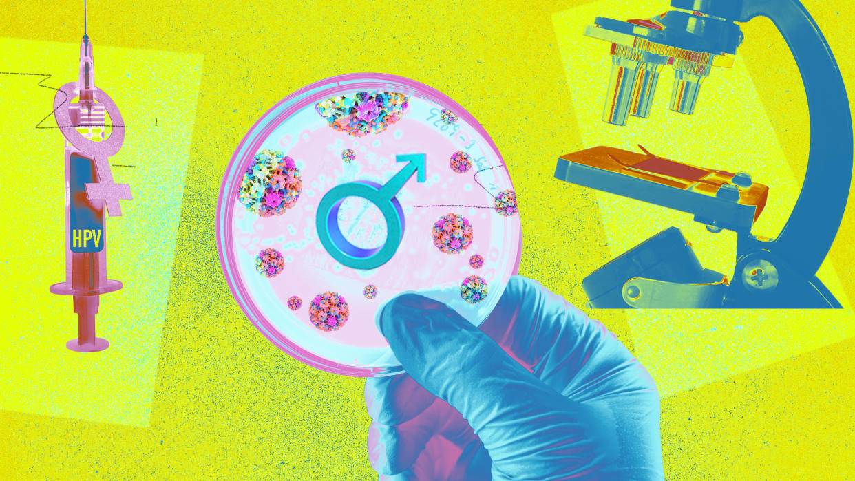A blue-gloved hand holds a disk showing a male symbol, with a pink HPV syringe, ringed with a female symbol to the left and a microscope to the right.