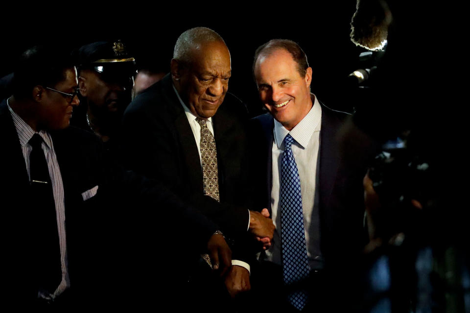 <p>Bill Cosby shakes hands with his lawyer Brian McMonagle as they leave the Montgomery County Courthouse during Cosby’s sexual assault trial, Thursday, June 15, 2017, in Norristown, Pa. (Photo: Matt Slocum/AP) </p>