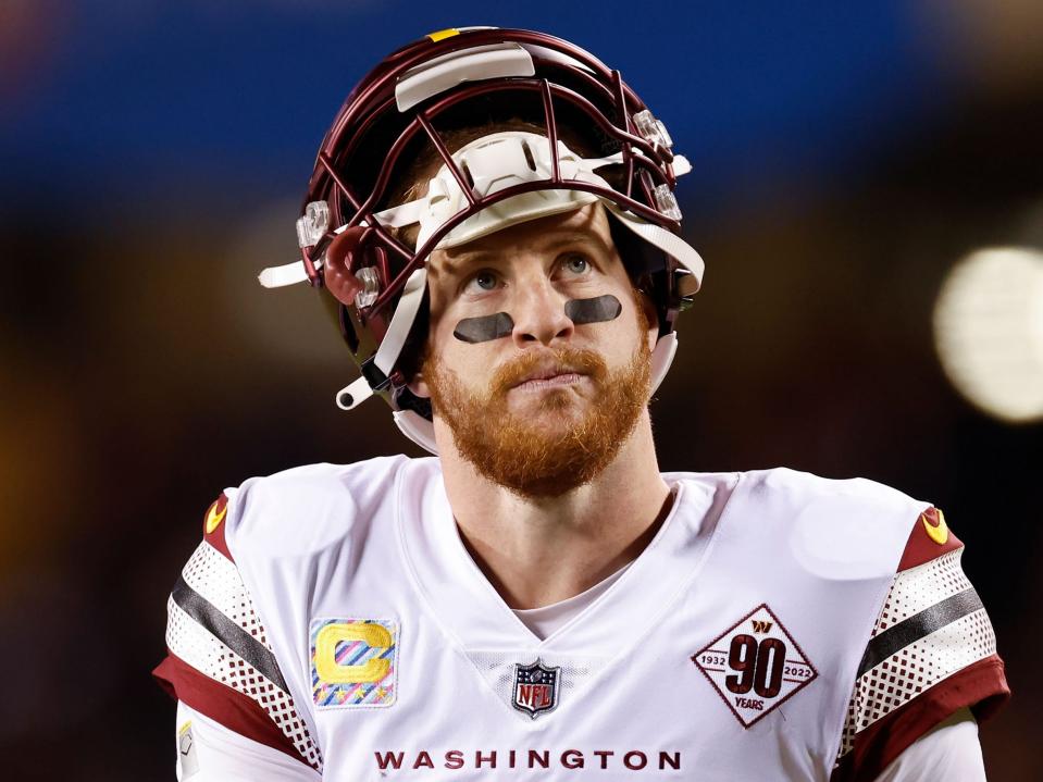 Carson Wentz looks up during a game against the Chicago Bears.