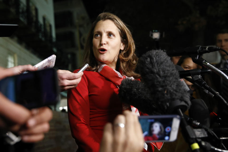 Canadian Deputy Prime Minister Chrystia Freeland speaks with members of the media after a meeting at the U.S. Trade Representative's office for talks on the U.S.-Mexico-Canada agreement on trade, Wednesday, Nov. 27, 2019, in Washington. (AP Photo/Patrick Semansky)