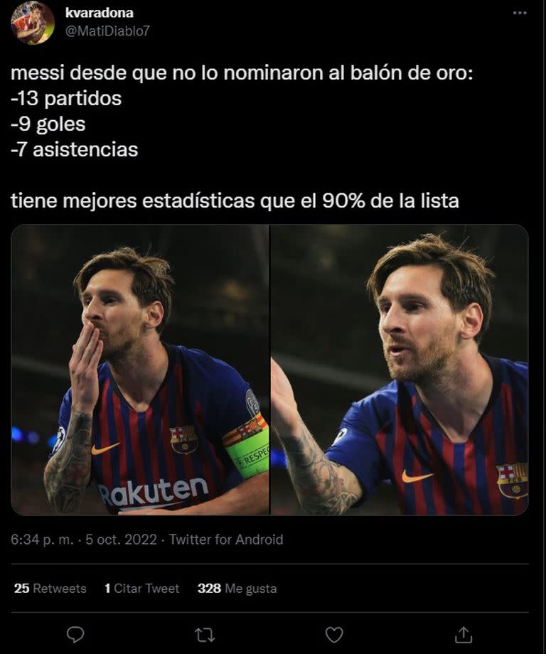 Un usuario de Twitter recalcó las estadísticas de Lionel Messi, quien no fue nominado para el próximo Balón de Oro