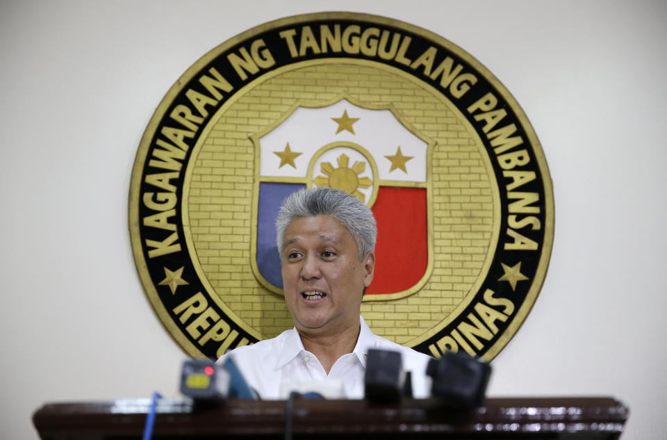 FILE PHOTO: Philippine Department of National Defense spokesman Arsenio Andolong talks to reporters in Quezon City, Philippines on Thursday, March 2, 2017. (AP Photo/Aaron Favila)