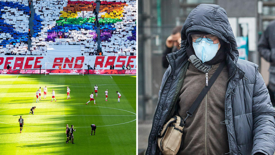 Football players (pictured left) during the match between RB Leipzig and Bayern Leverkusen and a man walking with a mask.