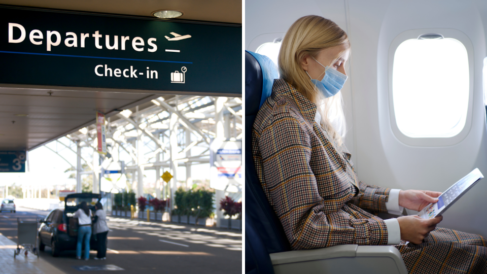 The departures lounge at Sydney Airport and a woman on a plane wearing a mask.