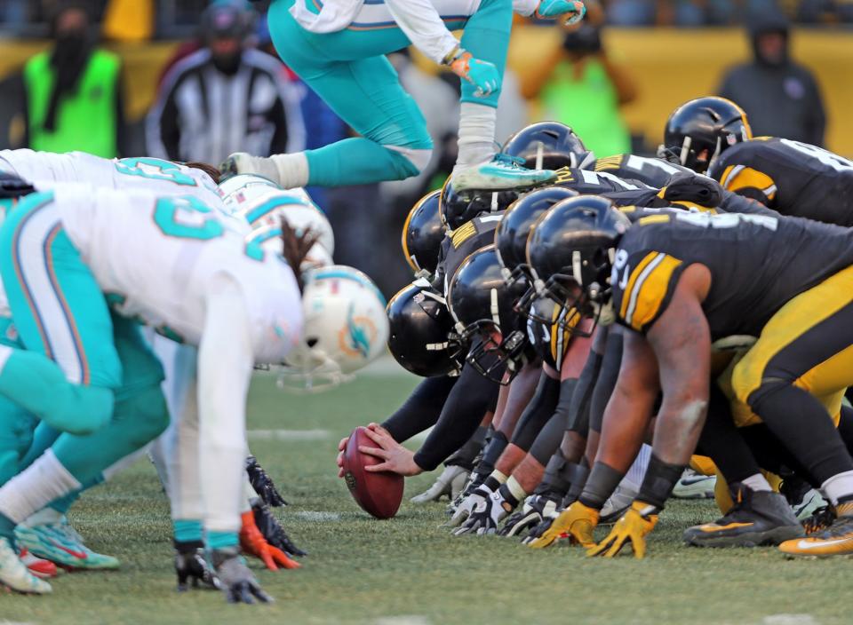 This failed field-goal block try from the Dolphins-Steelers playoff game could be deemed illegal for other reasons. (Getty Images)