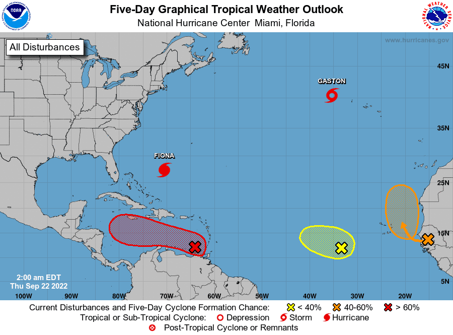 Projected tropical outlook for the next five days in the Atlantic as of 5 a.m. Thursday, Sept. 22, 2022.