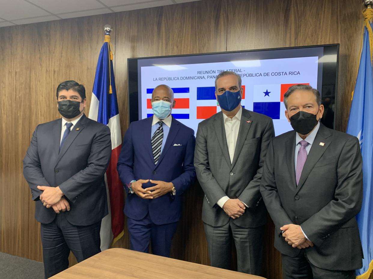 New York City mayoral candidate Eric Adams meets with (from left to right) President Carlos Alvarado Quesada of Costa Rica, President Luis Abinader of the Dominican Republican, and President Laurentino Cortizo of Panama.