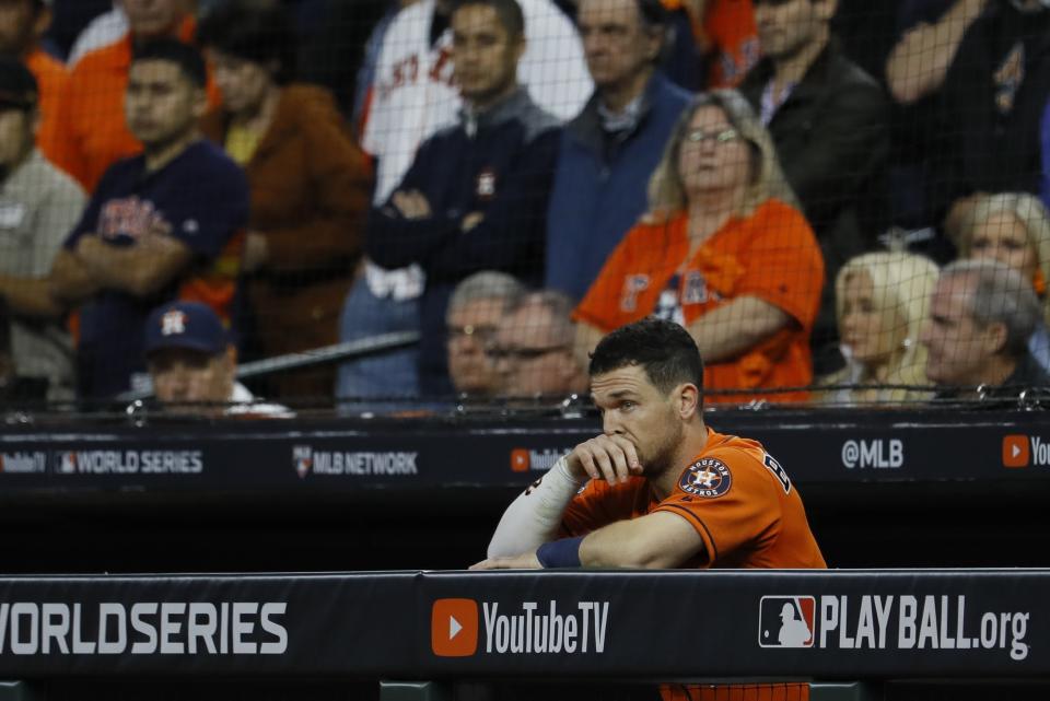 Houston Astros' Alex Bregman watches during the eighth inning of Game 7 of the baseball World Series against the Washington Nationals Wednesday, Oct. 30, 2019, in Houston. (AP Photo/Matt Slocum)