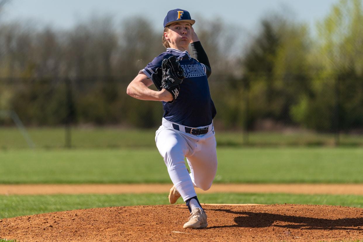 Franklin's Ryan Mrotek (1) pitches against Pingry on Thursday, April 25, 2024 afternoon at the field at Franklin High School in Somerset.