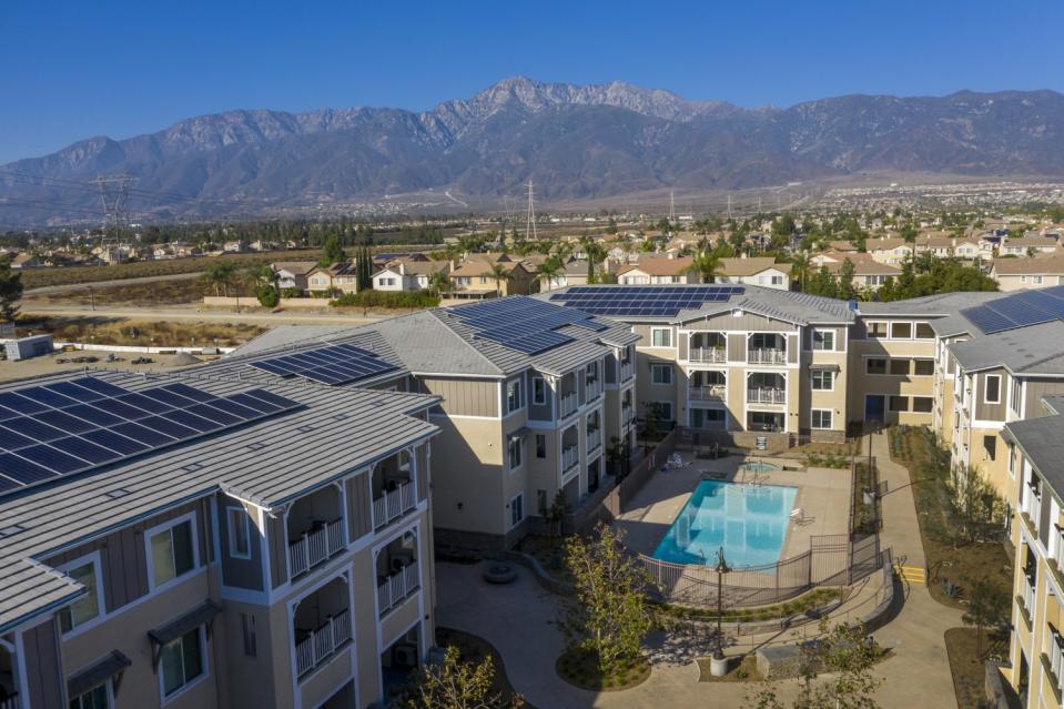 An aerial view of Day Creek Villas, a zero-net-energy housing development in Rancho Cucamonga.