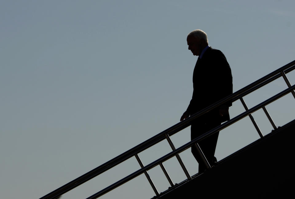 John McCain leaves his campaign plane in Des Moines, Iowa, before making a statement about the failure of the Wall Street bailout bill to pass in the House of Representatives in September 2008. (Photo: Brian Snyder/Reuters)