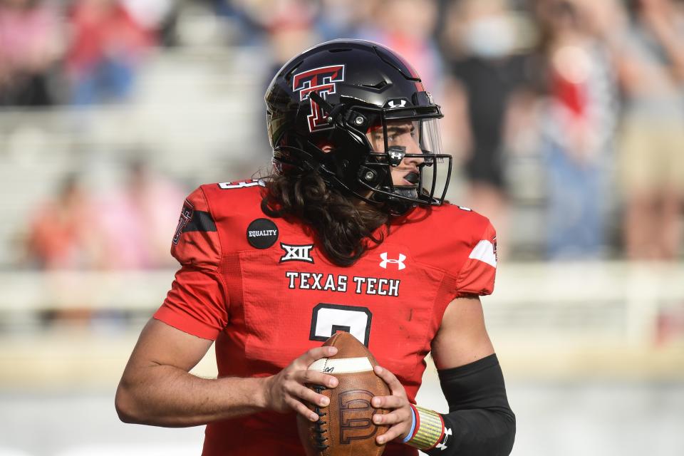 Texas Tech quarterback Henry Colombi (3) looks to pass against Baylor during an NCAA college football game in Lubbock, Texas, Saturday, Nov. 14, 2020. (AP Photo/Justin Rex)