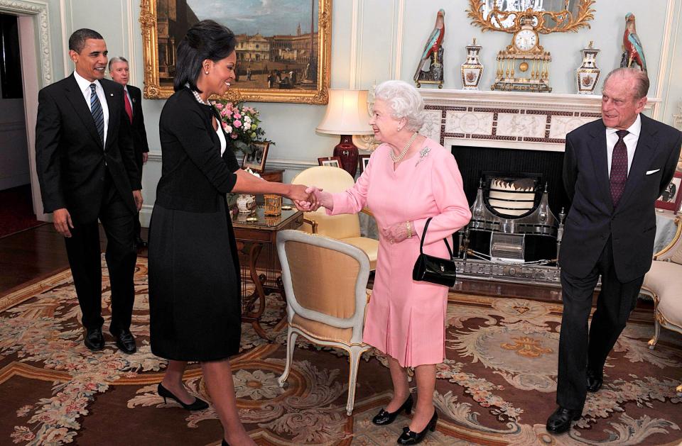 President Barack Obama and first lady Michelle Obama meet with Queen Elizabeth II and Prince Philip during an audience at Buckingham Palace on April 1, 2009 in London.