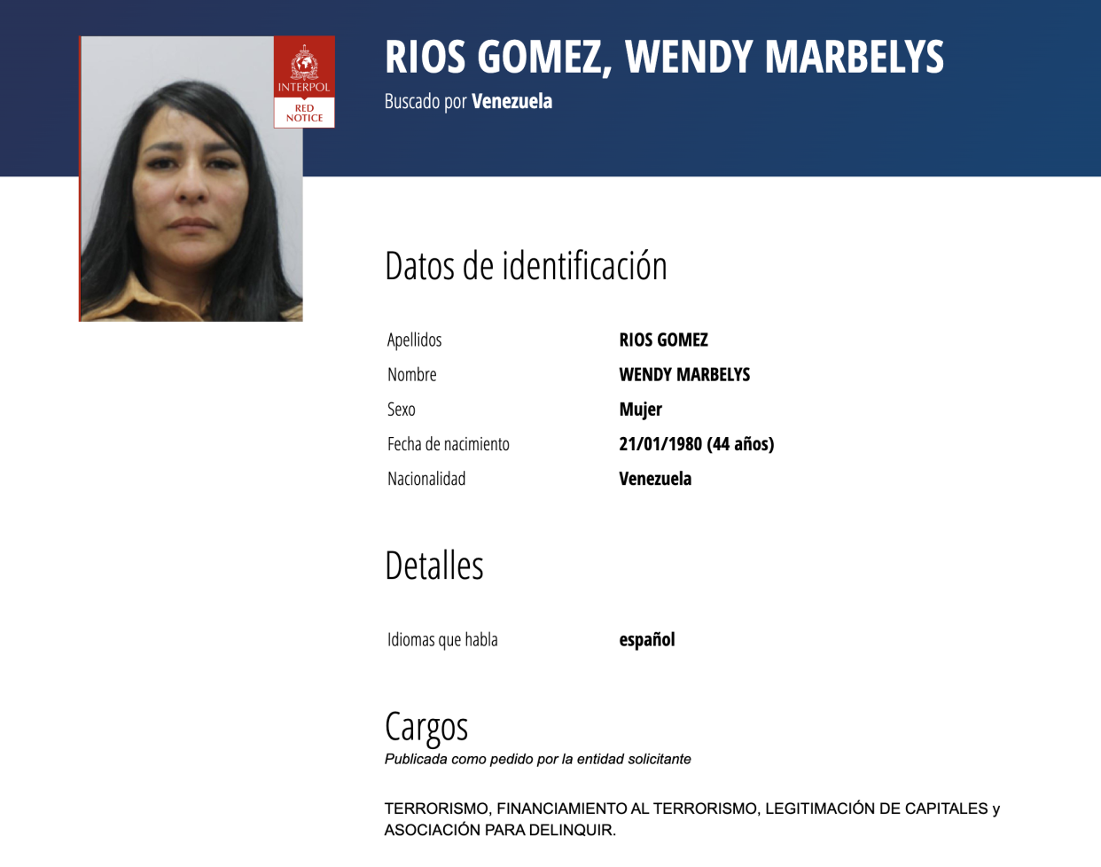 Las autoridades venezolanas perdieron la pista de Wendy Marbelys Ríos Gómez desde septiembre de 2023. (Captura de pantalla de Intepol)