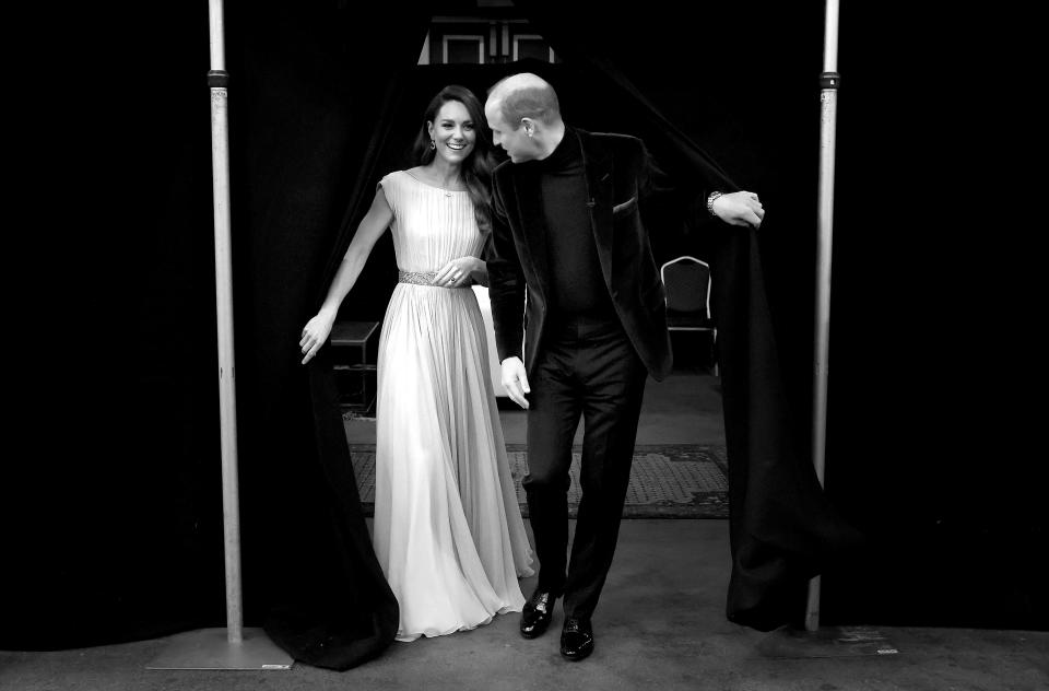 A black and white photo of Prince William and Kate Middleton at the Earthshot Awards.