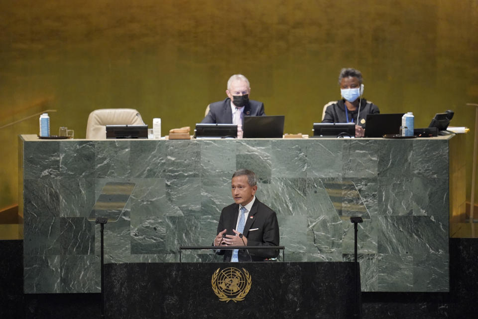 Foreign Minister of Singapore Vivian Balakrishnan addresses the 77th session of the United Nations General Assembly, Saturday, Sept. 24, 2022 at U.N. headquarters. (AP Photo/Mary Altaffer)