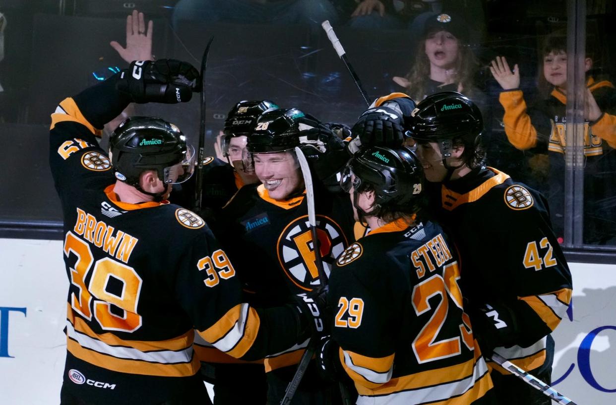The Providence Bruins celebrate a second-period score by forward Jimmy Lambert.