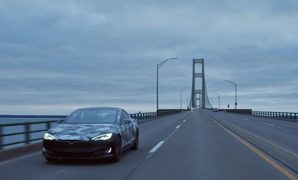 A 2021 Tesla S, equipped with a Gemini battery from Our Next Energy in Novi, crosses the Mackinac Bridge. In December, the battery powered the Tesla 752 miles on one charge.