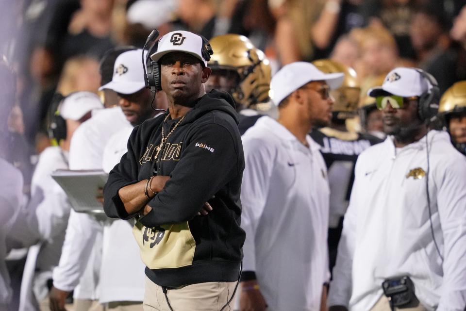 Sep 16, 2023; Boulder, Colorado, USA; Colorado Buffaloes head coach Deion Sanders looks on against the Colorado State Rams during the first half at Folsom Field. Mandatory Credit: Andrew Wevers-USA TODAY Sports