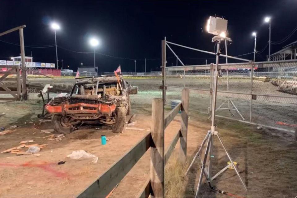 The scene where a woman reported to be in her 30s died on Sunday after a race driver lost control (Brooke McCarthy/ABC Fox Montana via AP)