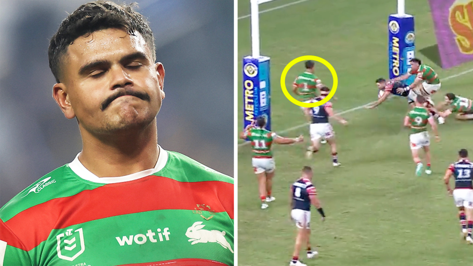 Latrell Mitchell reacts and James Tedesco scores a try.