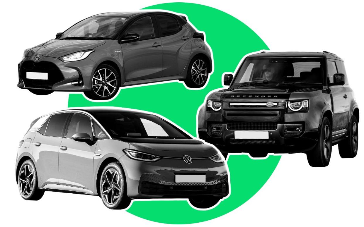 2021 Car of the Year - composite image showing Toyota Yaris, Land Rover Defender and Volkswagen ID.3