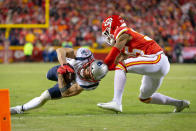 <p>New England Patriots wide receiver Julian Edelman (11) dives for yardage during the NFL AFC Championship game against the Kansas City Chiefs on January 20, 2019 at Arrowhead Stadium in Kansas City, Missouri. (Photo by William Purnell/Icon Sportswire via Getty Images) </p>