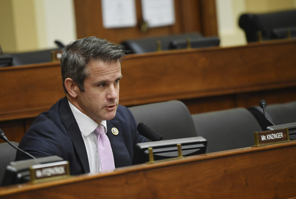 Rep. Adam Kinzinger, R-Ill., questions witnesses before a House Committee on Foreign Affairs hearing looking into the firing of State Department Inspector General Steven Linick, Wednesday, Sept. 16, 2020 on Capitol Hill in Washington. (Kevin Dietsch/Pool via AP)