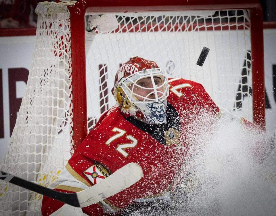 Florida Panthers goaltender Sergei Bobrovsky (72) looks up at a shot on goal during the first period of a hockey game on Thursday, Feb. 8, 2024, at Amerant Bank Arena in Sunrise, Fla.