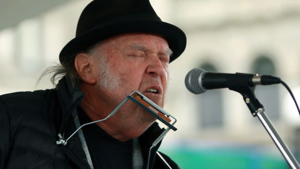 Neil Young performing at an environmental rally in British Columbia in February.  - Chad Hipolito/The Canadian Press via AP