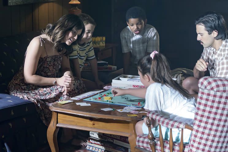 Mandy Moore as Rebecca, Parker Bates as Kevin, Lonnie Chavis as Randall, Milo Ventimiglia as Jack, and Mackenzie Hancsicsak as Kate (Credit: Ron Batzdorff/NBC)