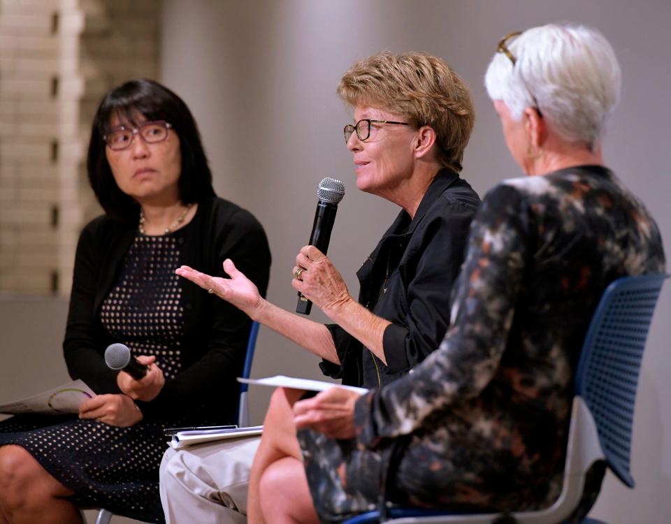 Flanked by Mari Kuraishi, left, president of the Jessie Ball duPont Fund, and Rena Coughlin, CEO of the Nonprofit Center, Mary Kress Littlepage talks about the 2019 State of the Sector report updating the health of area nonprofits.