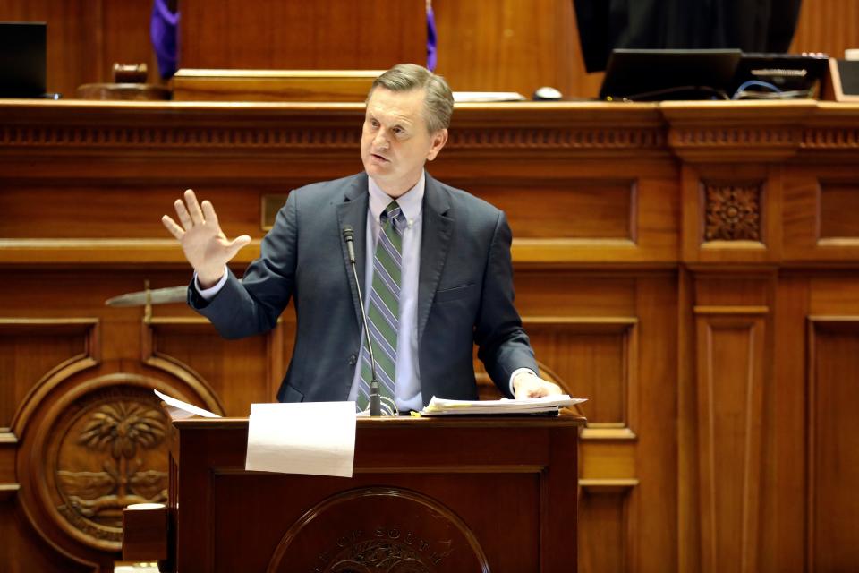 South Carolina Sen. Tom Davis, R-Beaufort, begins debate on a medical marijuana bill he has pushed for 10 years on Wednesday, Feb. 7, 2024, in Columbia, S.C. (AP Photo/Jeffrey Collins)